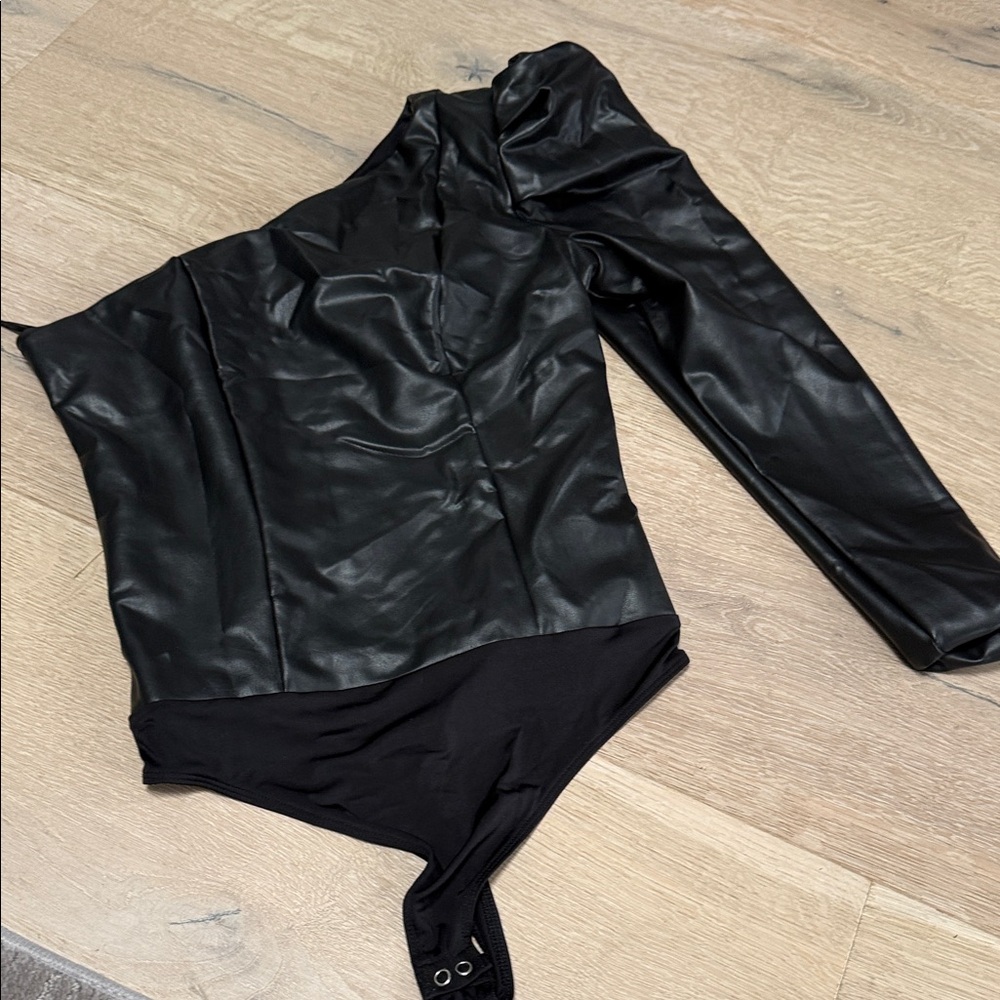 Black Faux Leather One-Shoulder Bodysuit